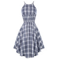 Kate Kasin Sexy Womens Grid Pattern Cross Back Irrégulier Hem Elastic Waist A-Line 50s Retro Dress KK000642-1